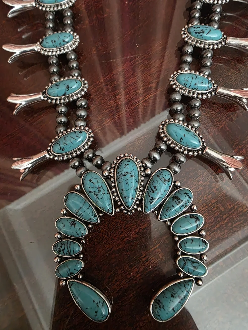 New Western Faux Turquoise Navajo-Inspired Squash Blossom Necklace - Picture 2 of 2